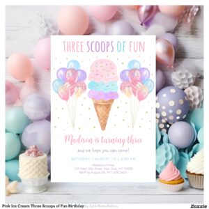 Pink Ice Cream Three Scoops of Fun Birthday Invitation