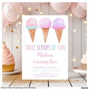 Pink Ice Cream Three Scoops of Fun Birthday Invitation