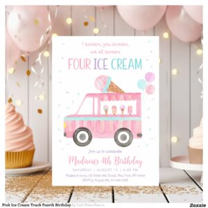 Pink Ice Cream Truck Fourth Birthday Invitation