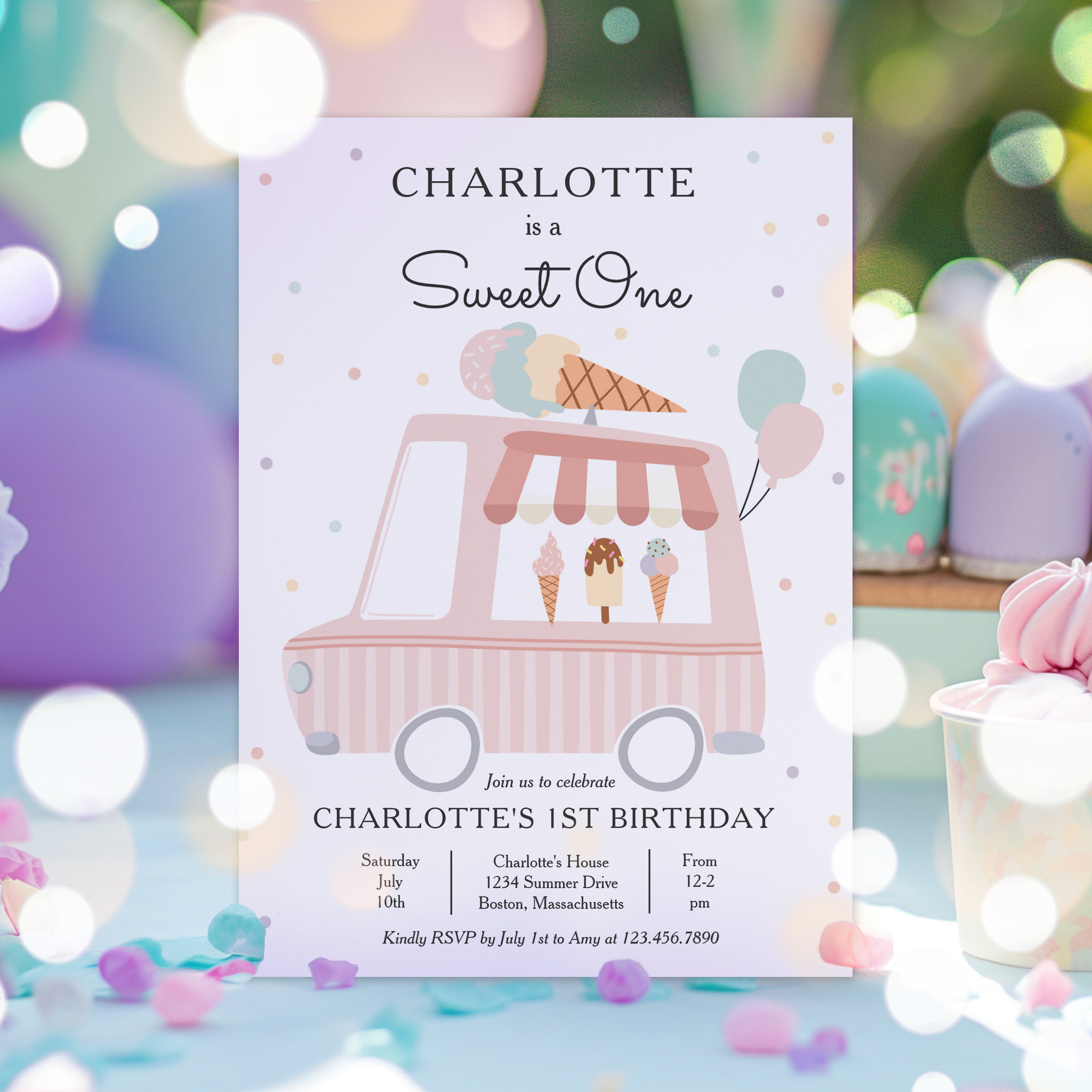 Pink Ice Cream Truck Sweet One 1st Birthday Party Invitation