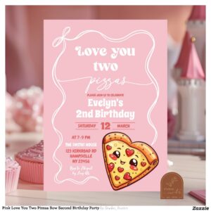 Pink Love You Two Pizzas Bow Second Birthday Party Invitation