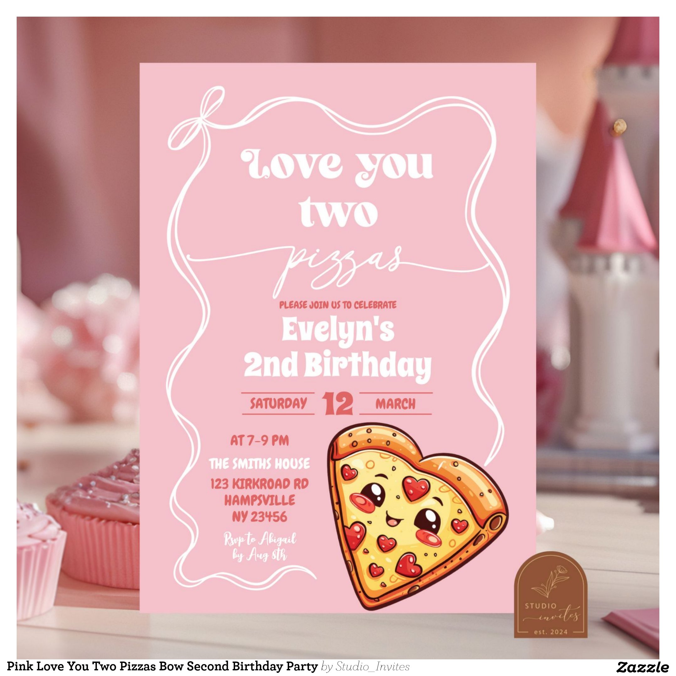 Pink Love You Two Pizzas Bow Second Birthday Party Invitation