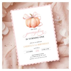 Pink Orange Pumpkin Bow Girl First Birthday Invitation