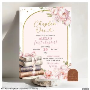 Pink Peony Storybook Chapter One 1st Birthday Invitation