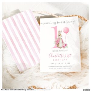 Pink Peter Rabbit First Birthday Invitation