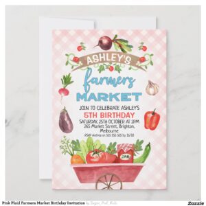 Pink Plaid Farmers Market Birthday Invitation