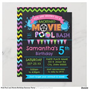 Pink Pool and Movie Birthday Summer Party Invitation