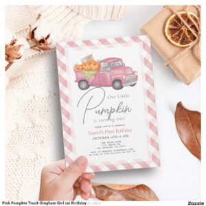 Pink Pumpkin Truck Gingham Girl 1st Birthday Invitation