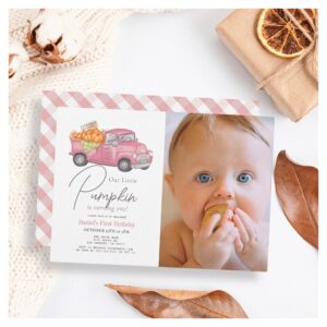 Pink Pumpkin Truck Gingham Girl Photo 1st Birthday Invitation