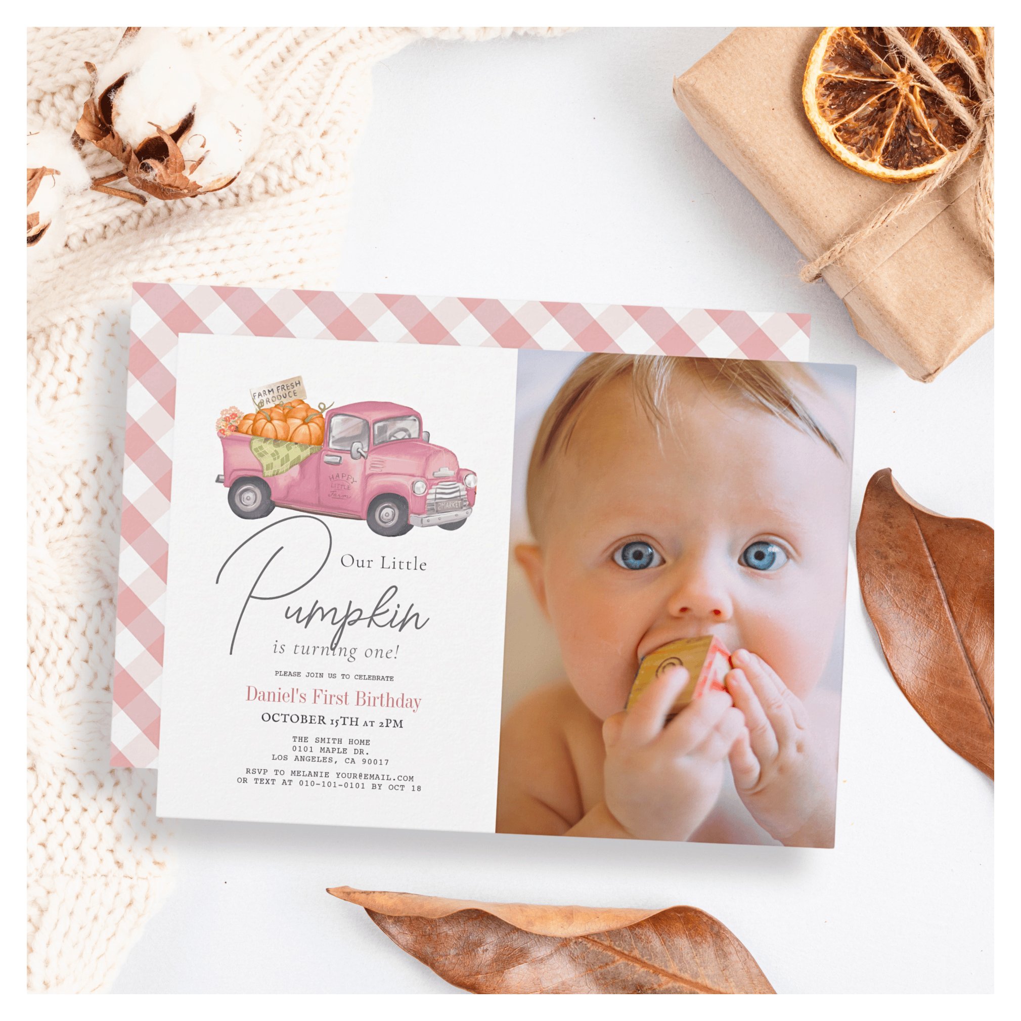 Pink Pumpkin Truck Gingham Girl Photo 1st Birthday Invitation