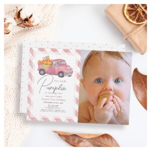 Pink Pumpkin Truck Gingham Girl Photo 1st Birthday Invitation