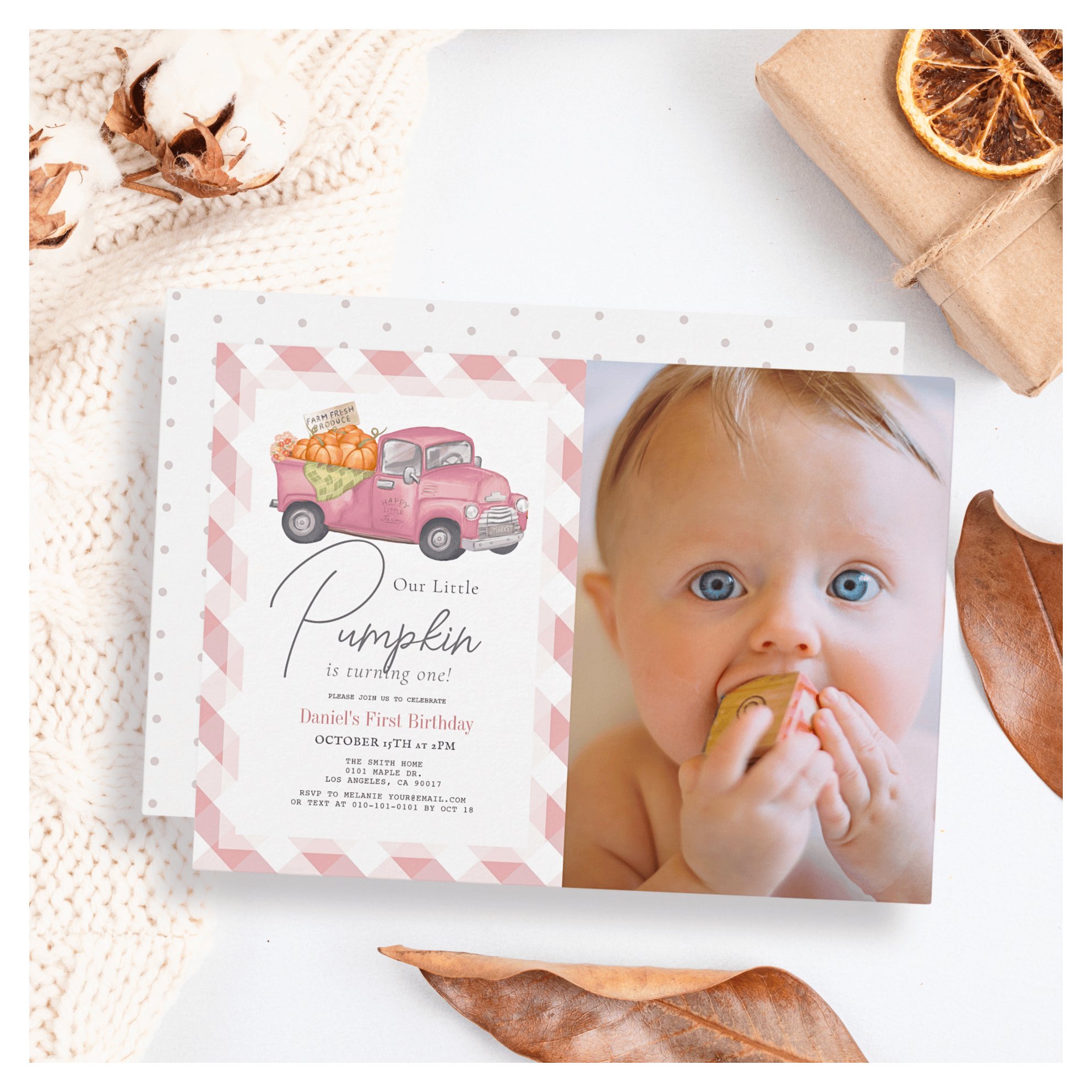 Pink Pumpkin Truck Gingham Girl Photo 1st Birthday Invitation