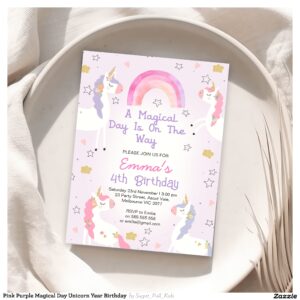 Pink Purple Magical Day Unicorn Year Birthday Invitation