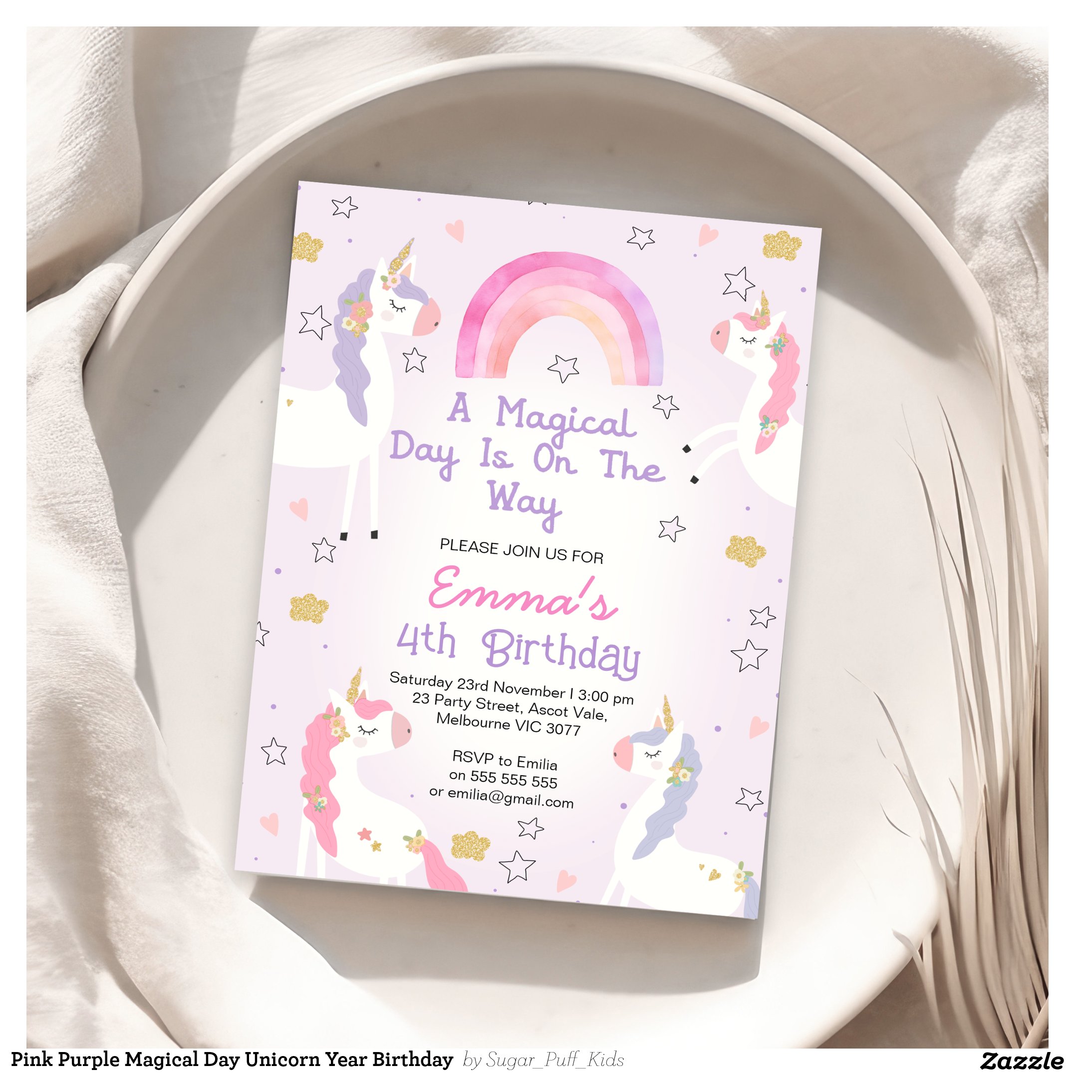 Pink Purple Magical Day Unicorn Year Birthday Invitation
