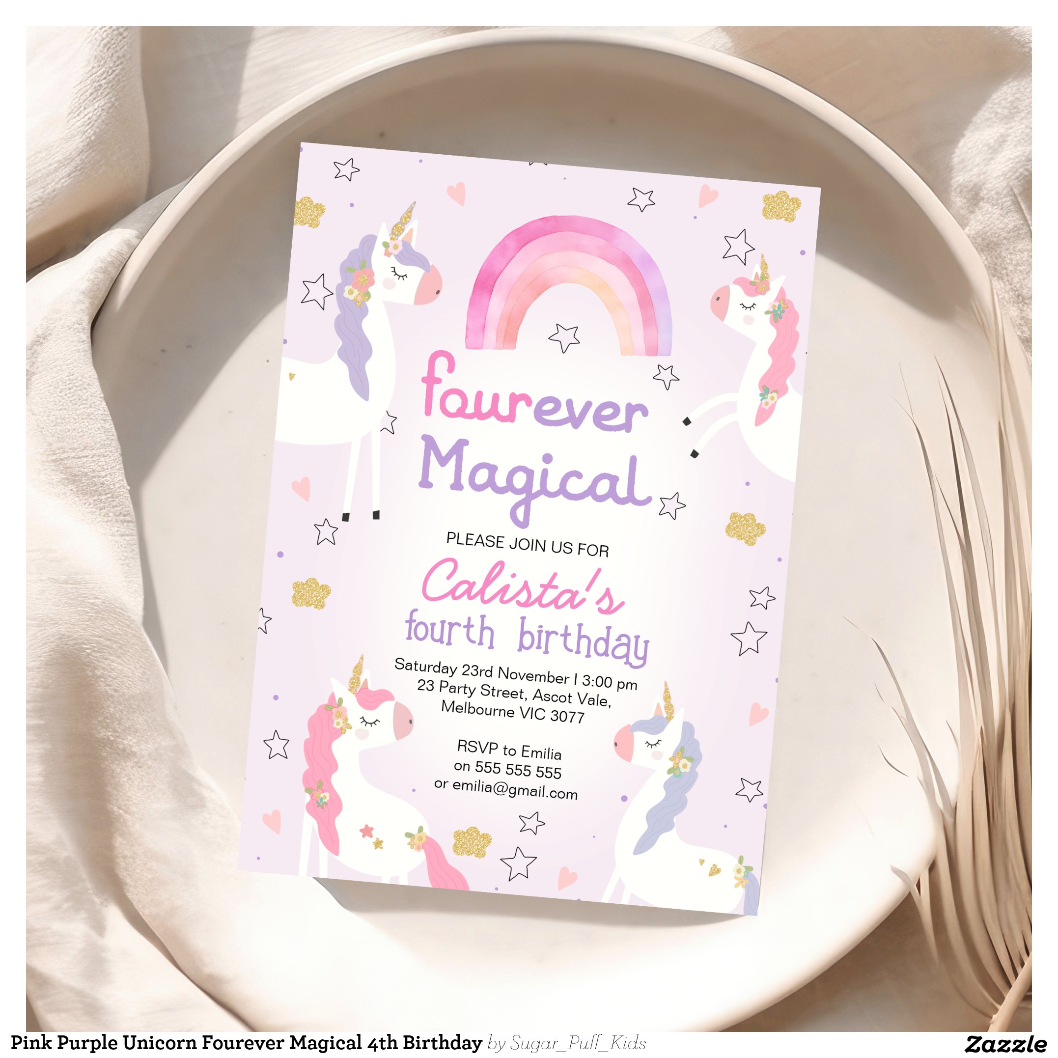 Pink Purple Unicorn Fourever Magical 4th Birthday Invitation