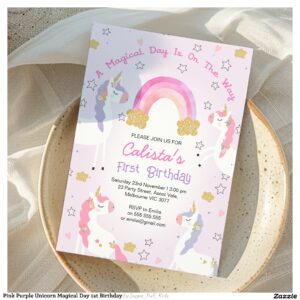 Pink Purple Unicorn Magical Day 1st Birthday Invitation