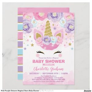 Pink Purple Unicorn Magical Stars Baby Shower Invitation