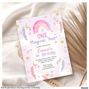 Pink Purple Unicorn One Magical Year 1st Birthday Invitation