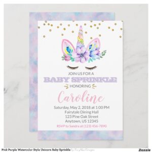 Pink Purple Watercolor Style Unicorn Baby Sprinkle Invitation