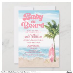 Pink Retro Baby On Board Surf Baby Shower Invitation