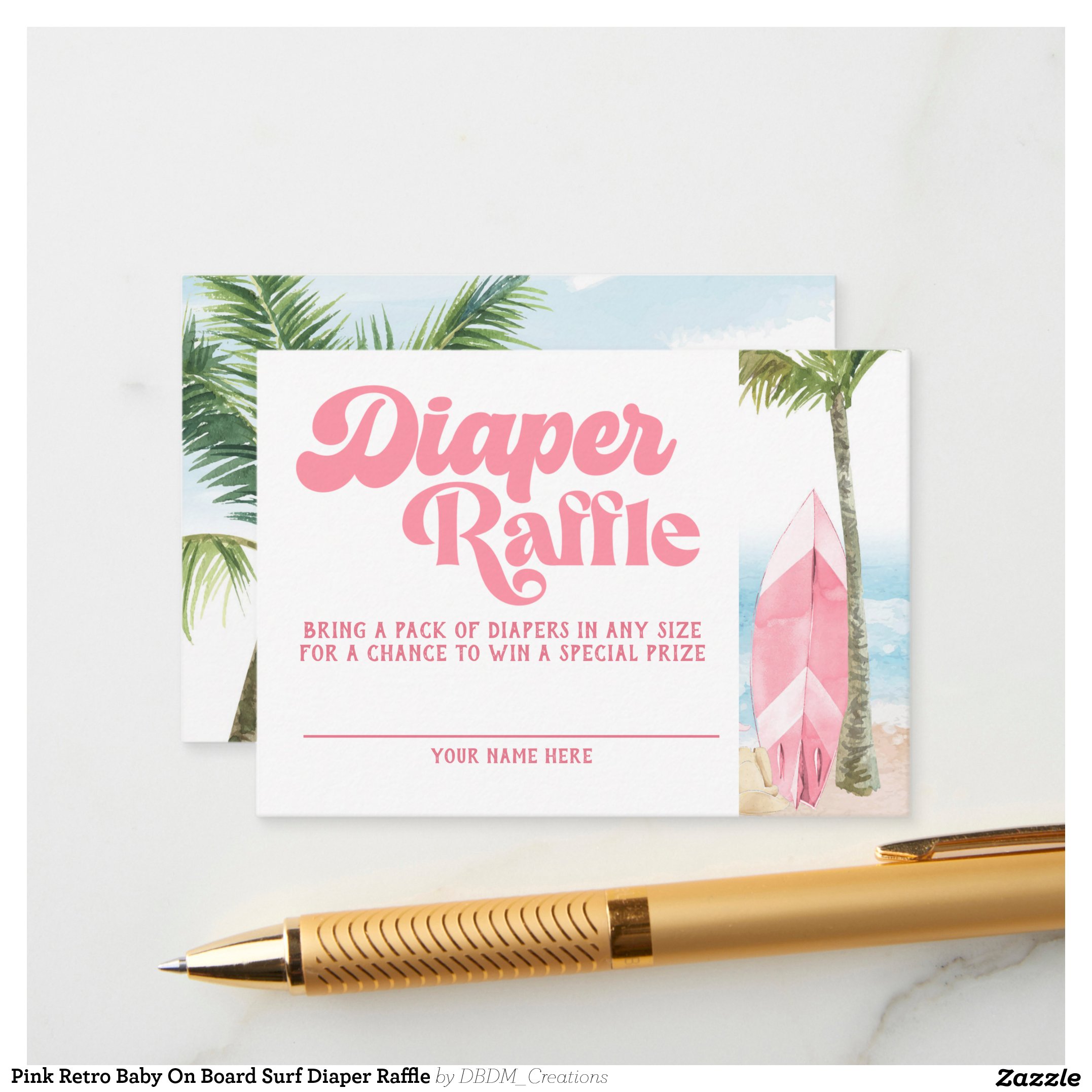 Pink Retro Baby On Board Surf Diaper Raffle Enclosure Card