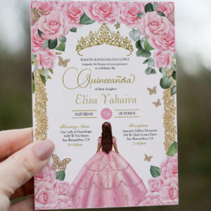 Pink Rose & Gold Butterfly Quinceanera Invitation
