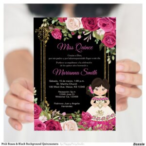 Pink Roses & Black Background Quinceanera Invitation