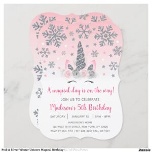Pink & Silver Winter Unicorn Magical Birthday Invitation