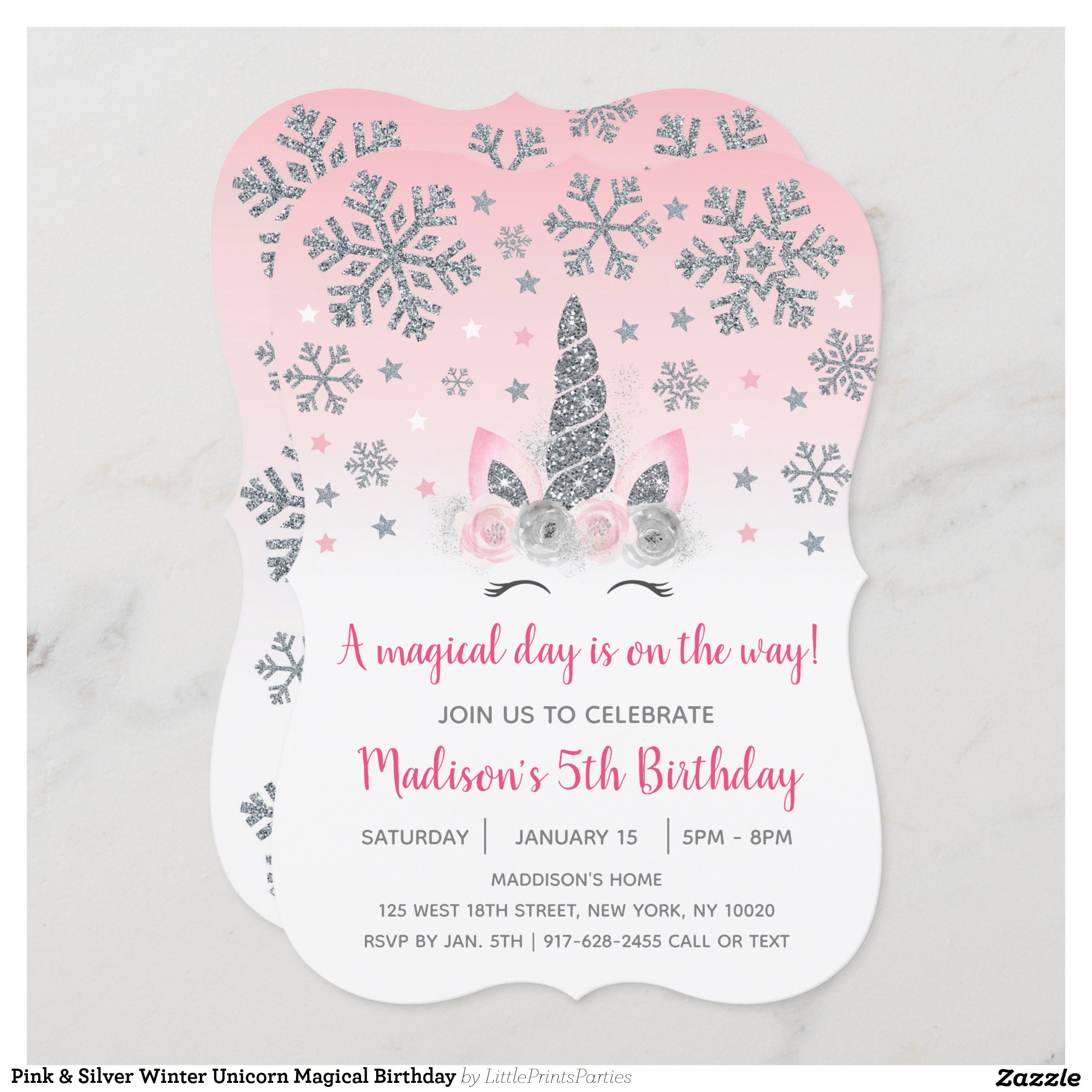 Pink & Silver Winter Unicorn Magical Birthday Invitation