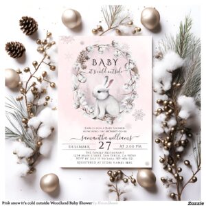 Pink snow it's cold outside Woodland Baby Shower Invitation