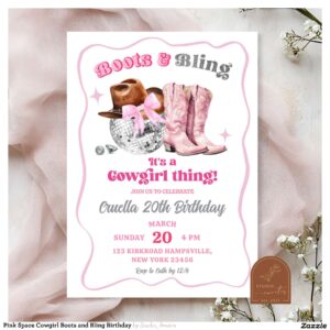 Pink Space Cowgirl Boots and Bling Birthday Invitation