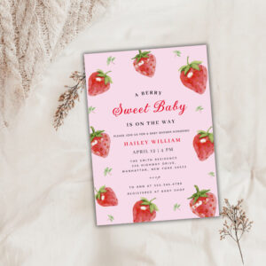 Pink Strawberry Berry Sweet Girl Baby Shower Invitation