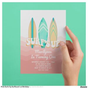 Pink Surfs Up Surfboard 1st Birthday Invitation