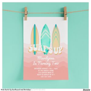Pink Surfs Up Surfboard 2nd Birthday Invitation