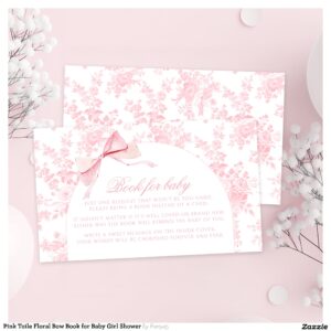 Pink Toile Floral Bow Book for Baby Girl Shower Enclosure Card