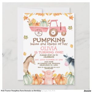 Pink Tractor Pumpkins Farm Animals 1st Birthday Invitation