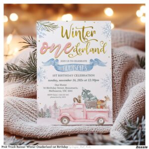 Pink Truck Banner Winter Onederland 1st Birthday Invitation