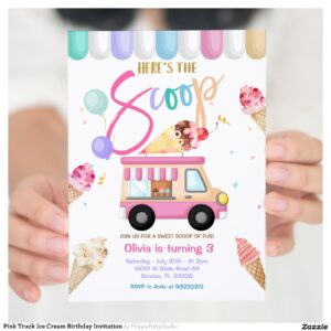Pink Truck Ice Cream Birthday Invitation