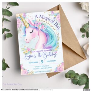 Pink Unicorn Birthday Gold Rainbow Invitation