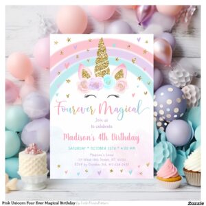 Pink Unicorn Four Ever Magical Birthday Invitation