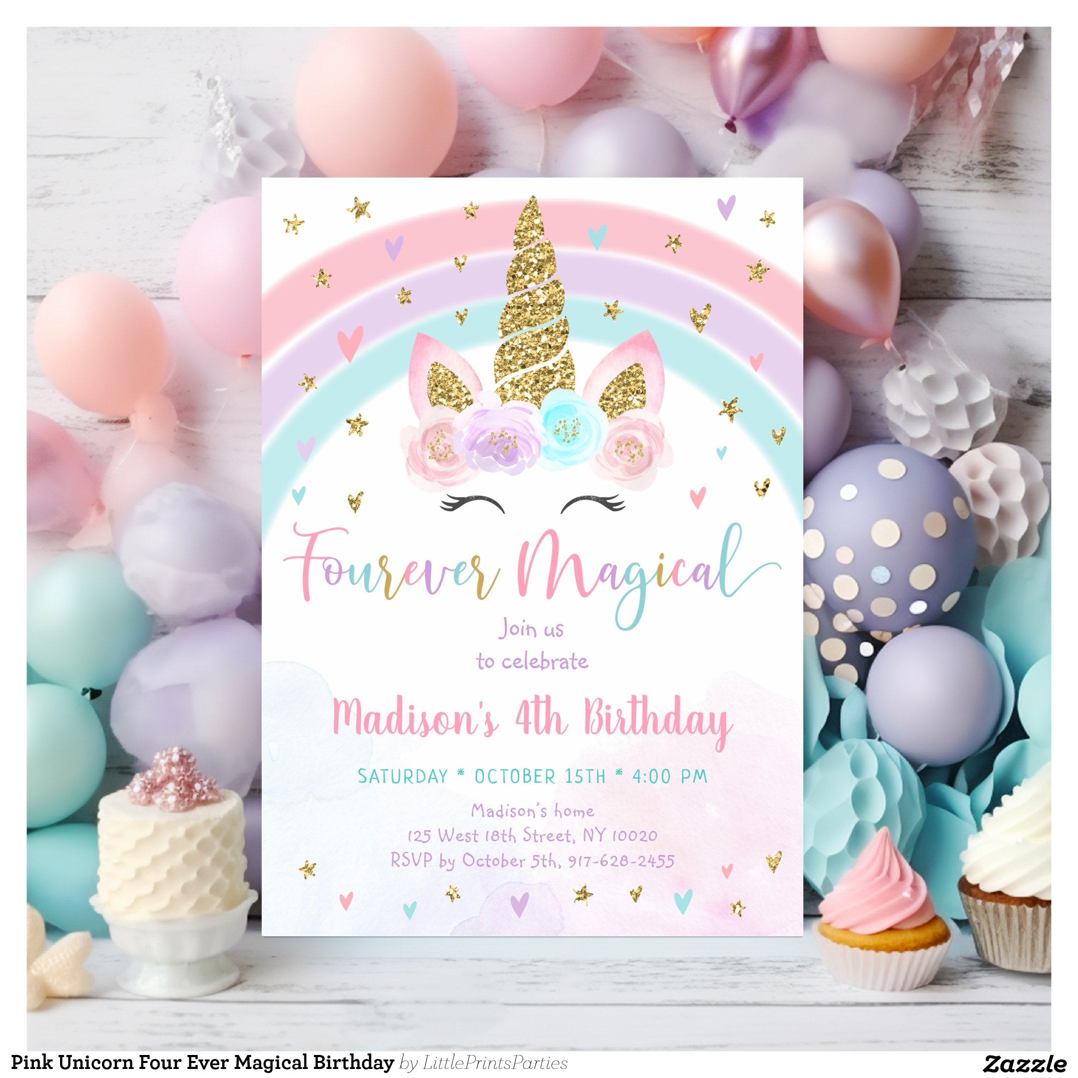 Pink Unicorn Four Ever Magical Birthday Invitation