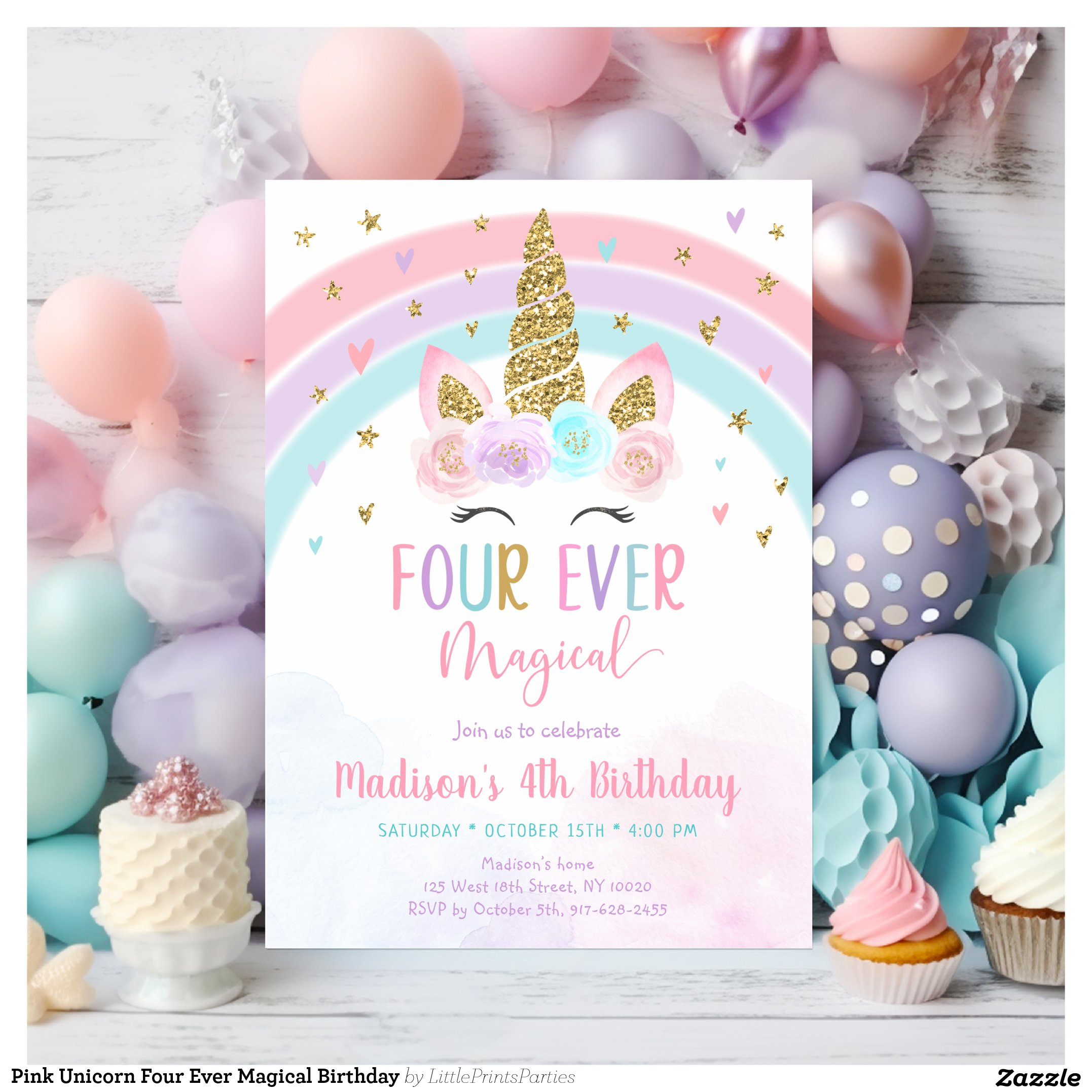 Pink Unicorn Four Ever Magical Birthday Invitation