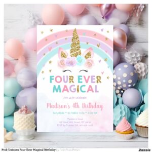 Pink Unicorn Four Ever Magical Birthday Invitation