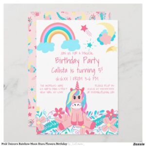 Pink Unicorn Rainbow Moon Stars Flowers Birthday Invitation