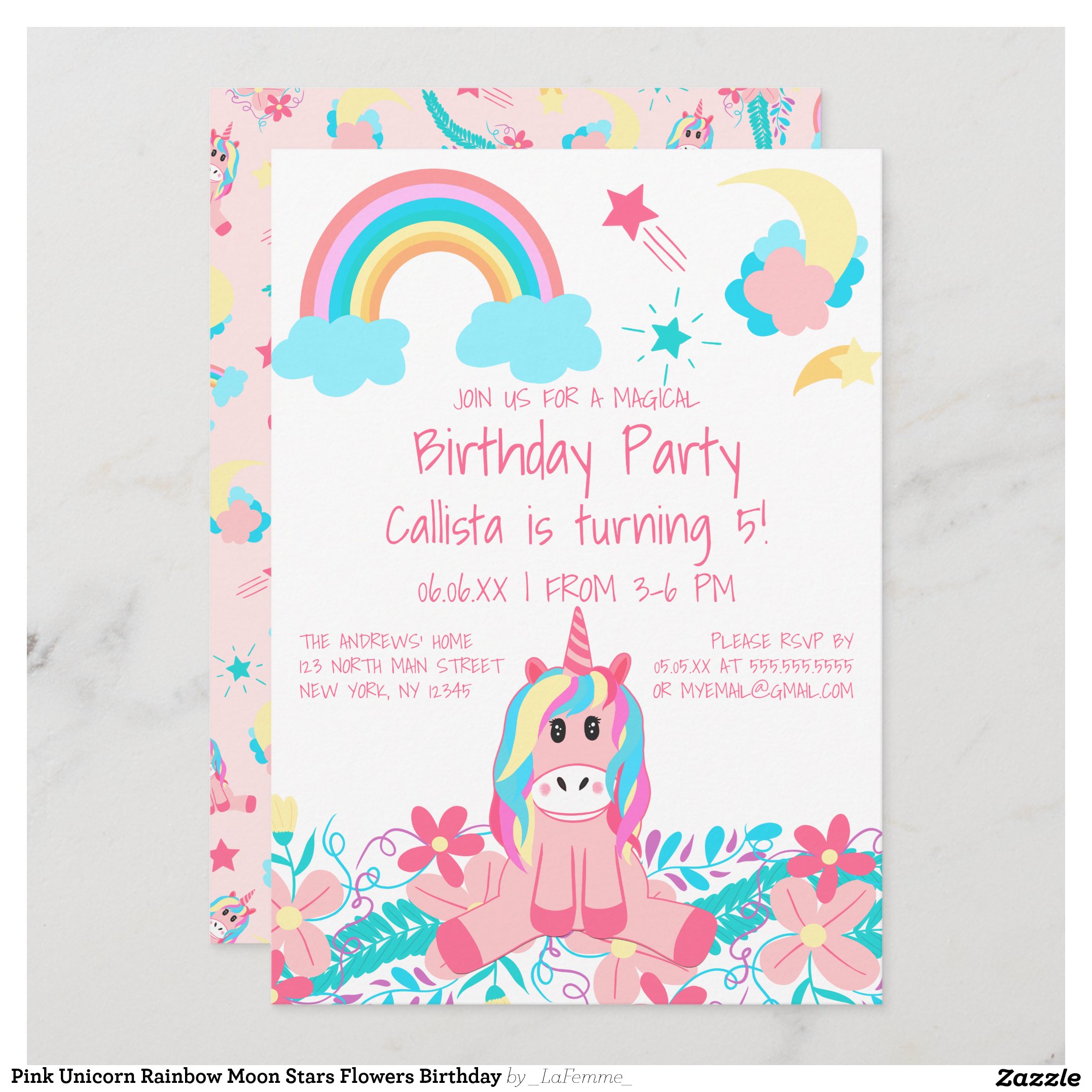 Pink Unicorn Rainbow Moon Stars Flowers Birthday Invitation
