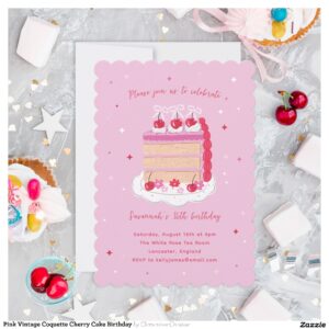 Pink Vintage Coquette Cherry Cake Birthday Invitation