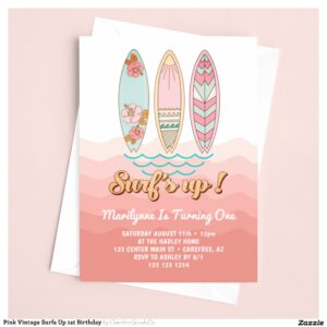 Pink Vintage Surfs Up 1st Birthday Invitation