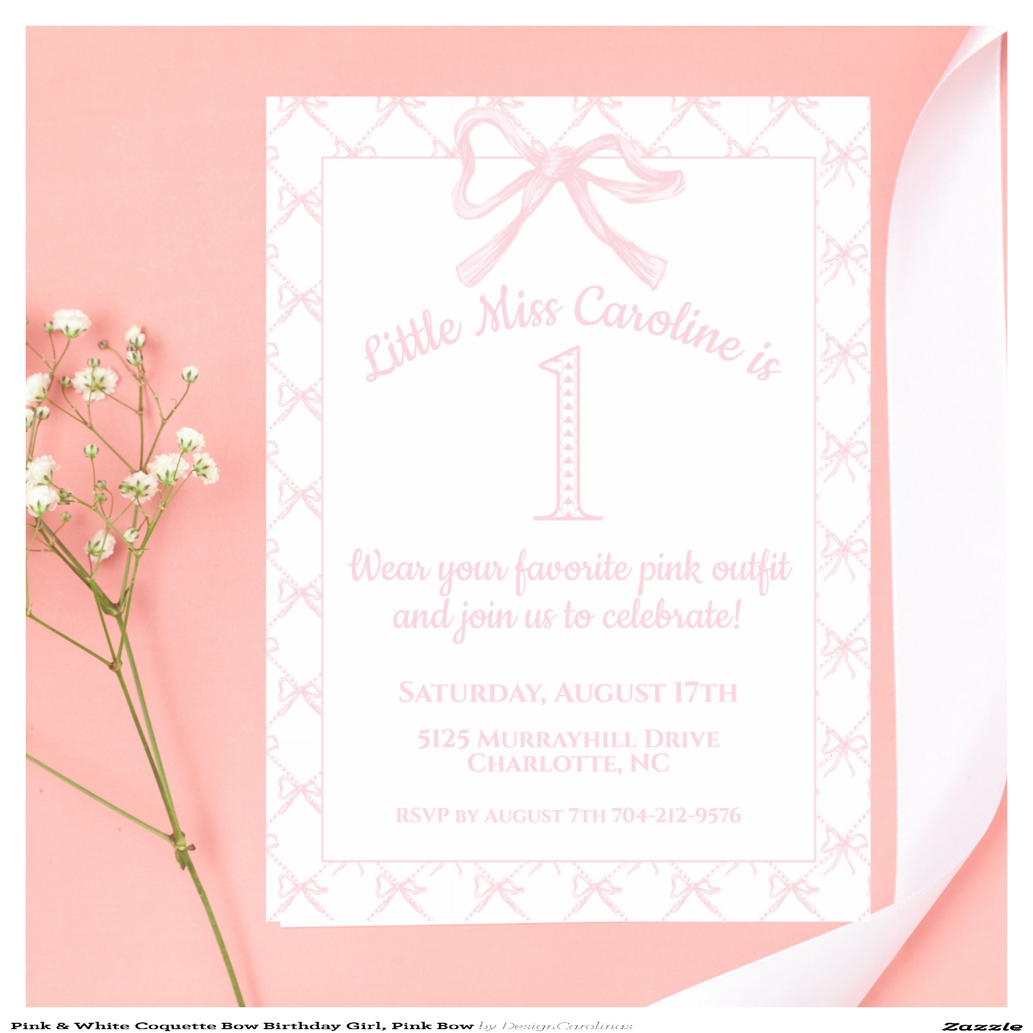 Pink & White Coquette Bow Birthday Girl, Pink Bow Invitation