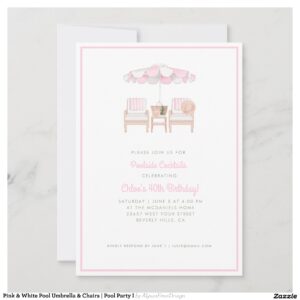 Pink & White Pool Umbrella & Chairs Pool Party I Invitation