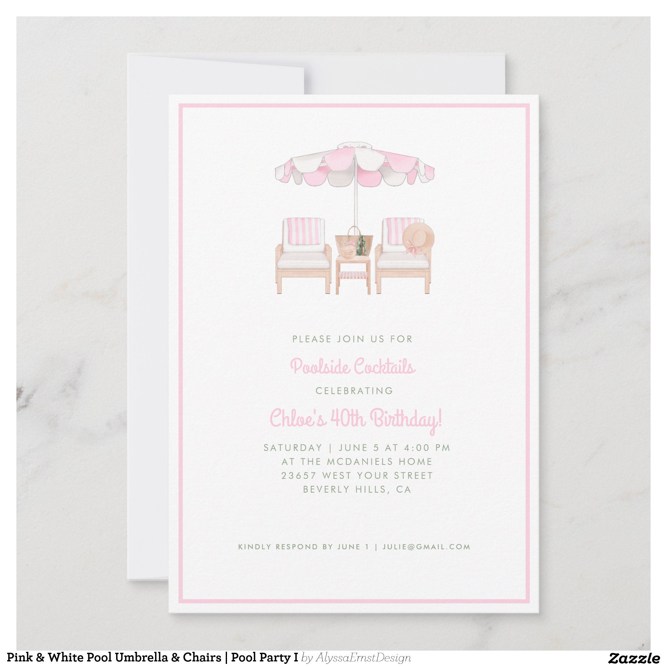 Pink & White Pool Umbrella & Chairs Pool Party I Invitation